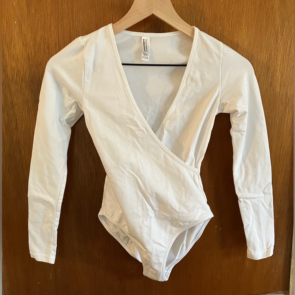 American Apparel Women's Cotton Spandex Long Sleeve Cross V Bodysuit - white